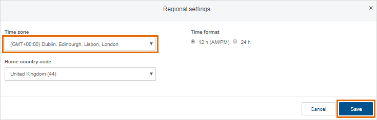 Click the drop-down box below Time zone, then select your Time zone. Check and modify the Home country code and Time format if necessary. Click Save.